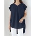 Solid Ruched Short Sleeve V Neck Casual Blouse