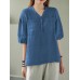 Solid Button Pocket V Neck Half Sleeve Casual Cotton Blouse