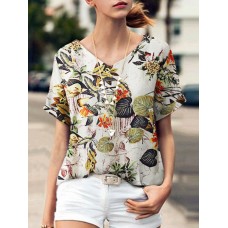 Plant Print V Neck Short Sleeve Casual Blouse