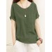 Solid Pocket Roll Short Sleeve Round Neck Casual Blouse