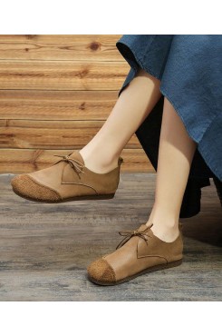 Khaki Genuine Leather Flat Shoes For Women Lace Up Splicing Flat Shoes