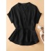 Solid Button Drawstring V Neck Roll Sleeve Casual Cotton Blouse