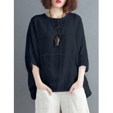 Solid Round Neck Bat Sleeve Casual Blouse