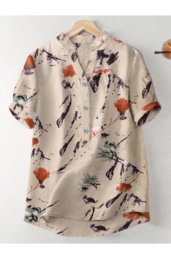 Random Flower Print Button Short Sleeve V  neck Blouse