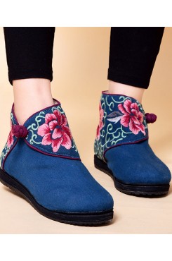 Boutique Buckle Strap Embroideried Comfy Ankle Boots Blue Cotton Fabric