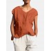 Solid Pocket Slit V  neck Short Sleeve Casual Blouse