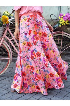 Colorful Floral Print Big Swing Elastic Waist Holiday Casual Long Skirt For Women