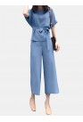 Solid Belt Pocket Rolled Sleeve Wide Leg Two Pieces Suit