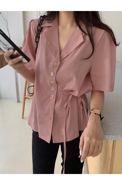 Solid Button Tie  Up Lapel Short Sleeve Casual Cotton Blouse